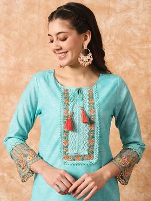 Blue Linen Cotton Fabric Embroidered work Straight cut Kurta with Cotton Lining, Pant and Dupatta Set 3