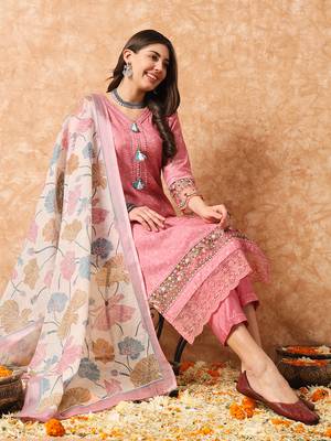 Peach Linen Cotton Fabric Embroidered work Straight cut Kurta with Cotton Lining, Pant and Dupatta Set 1