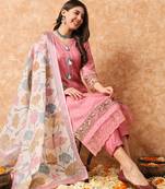 Peach Linen Cotton Fabric Embroidered work Straight cut Kurta with Cotton Lining, Pant and Dupatta Set