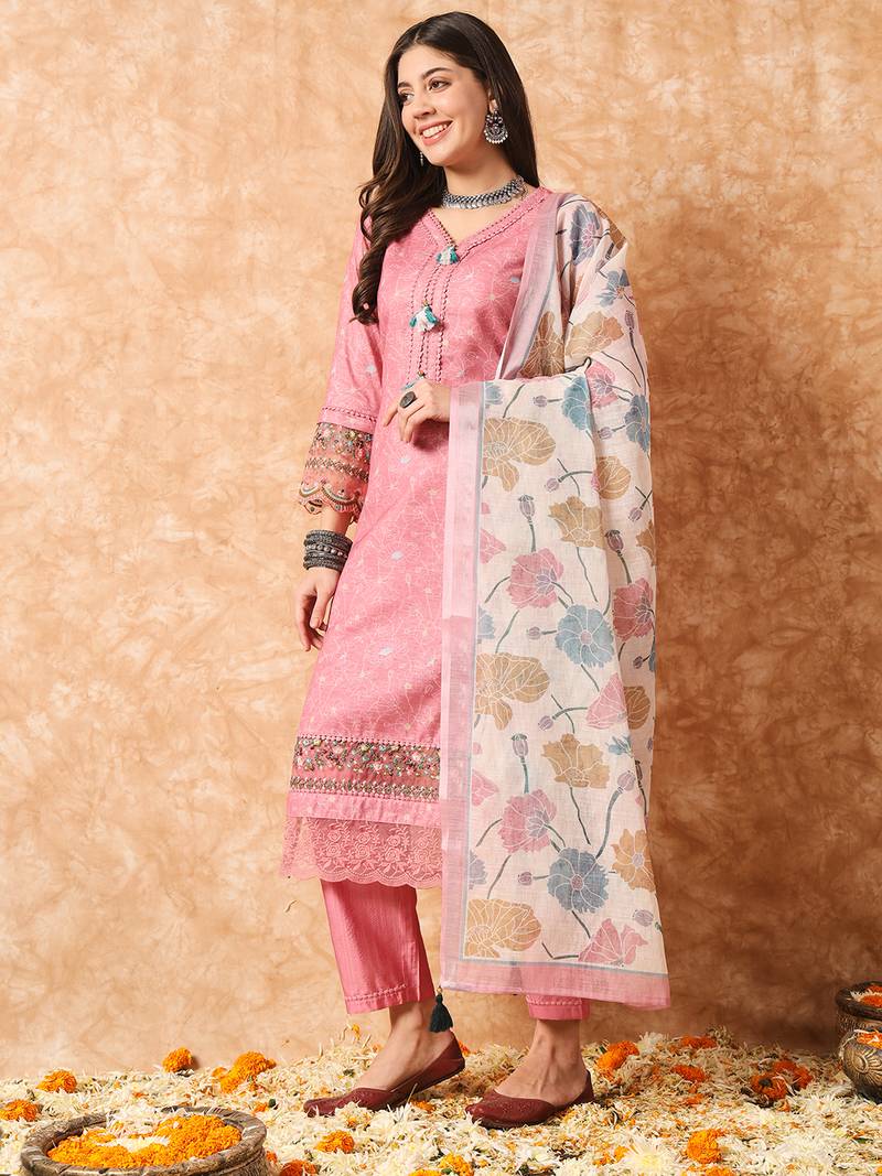 Peach Linen Cotton Fabric Embroidered work Straight cut Kurta with Cotton Lining, Pant and Dupatta Set