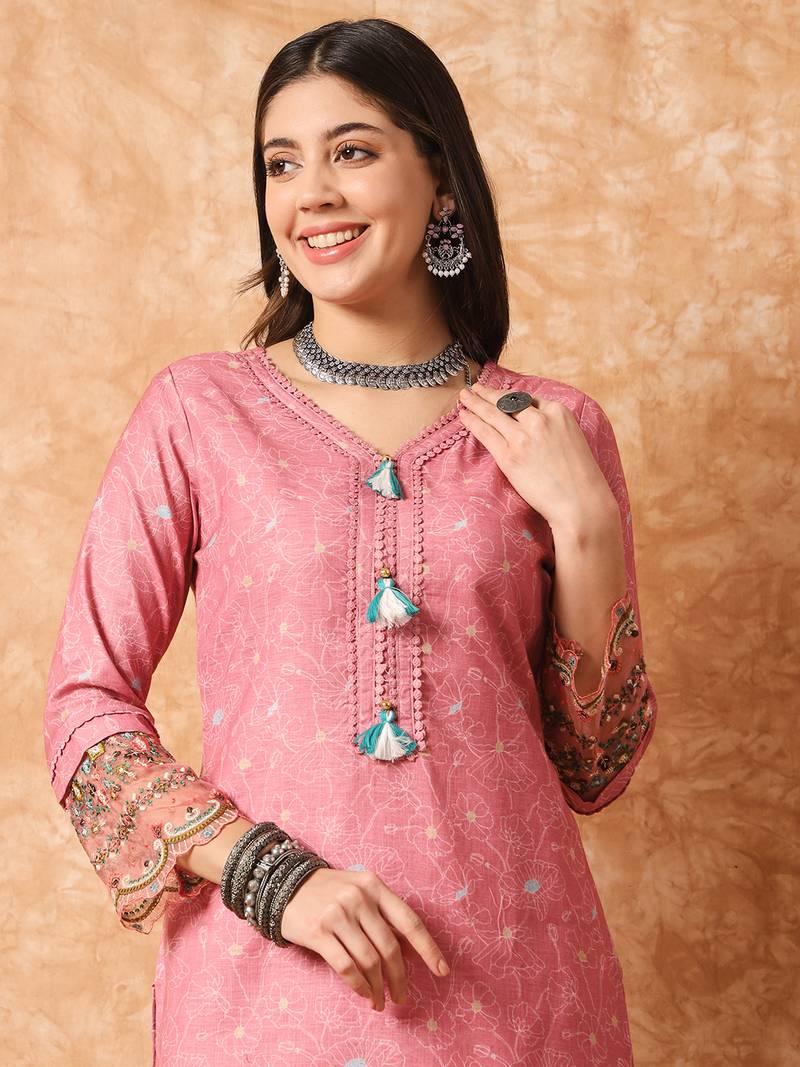 Peach Linen Cotton Fabric Embroidered work Straight cut Kurta with Cotton Lining, Pant and Dupatta Set