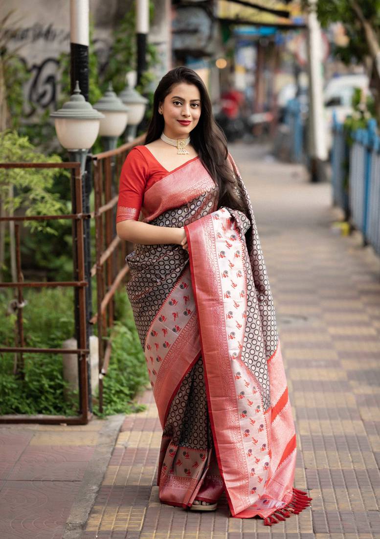 Brown soft silk saree with unstitched blouse piece