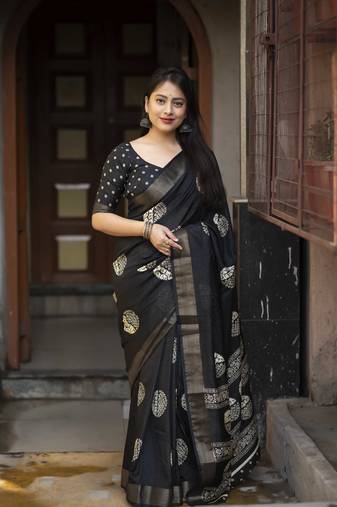 Black soft cotton crape silk saree with unstitched blouse piece