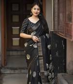 Black soft cotton crape silk saree with unstitched blouse piece
