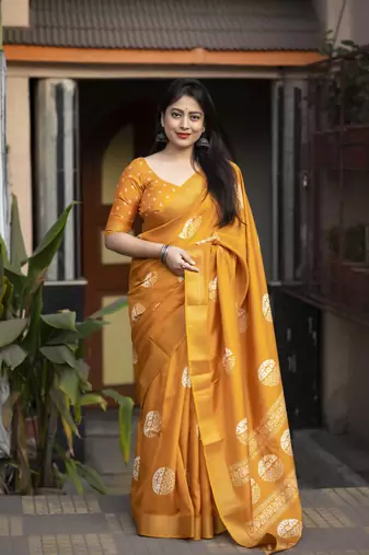 Orange soft cotton crape silk saree with unstitched blouse piece
