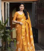 Orange soft cotton crape silk saree with unstitched blouse piece