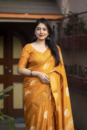 Orange soft cotton crape silk saree with unstitched blouse piece