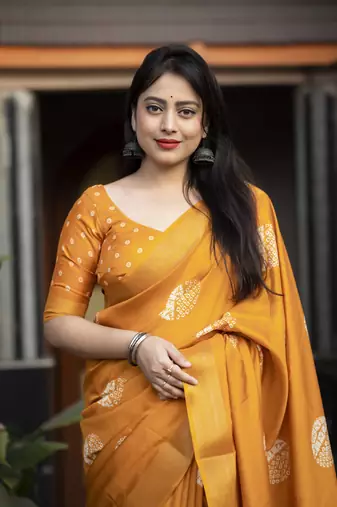 Orange soft cotton crape silk saree with unstitched blouse piece