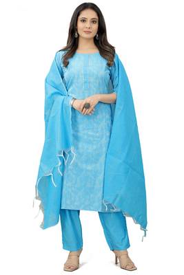 Cayorii Women's Sky Blue Cotton Blend Kurta with Pant and Dupatta 1