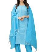 Cayorii Women's Sky Blue Cotton Blend Kurta with Pant and Dupatta
