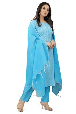 Cayorii Women's Sky Blue Cotton Blend Kurta with Pant and Dupatta 2