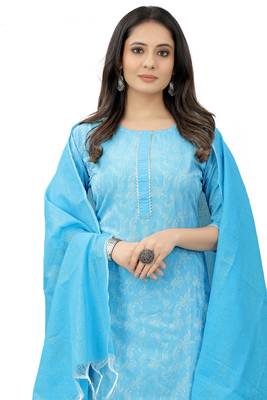 Cayorii Women's Sky Blue Cotton Blend Kurta with Pant and Dupatta 3