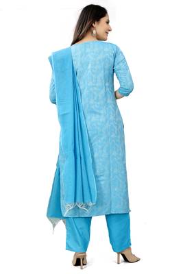 Cayorii Women's Sky Blue Cotton Blend Kurta with Pant and Dupatta 4