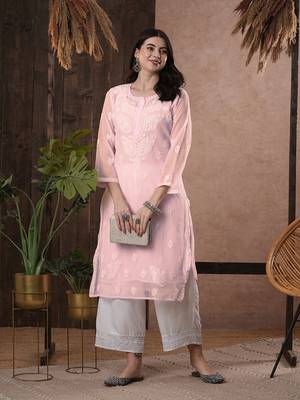Hand Embroidered Baby Pink Georgette Lucknow Chikan Women Kurta With Slip 7