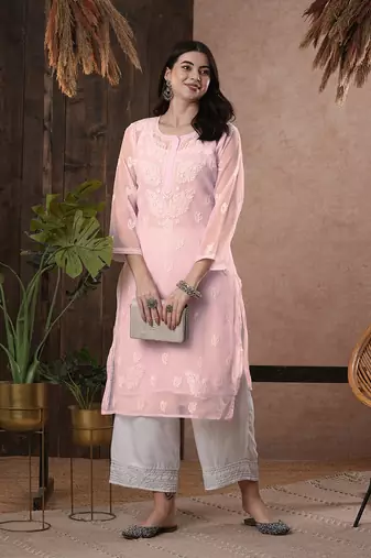 Hand Embroidered Baby Pink Georgette Lucknow Chikan Women Kurta With Slip