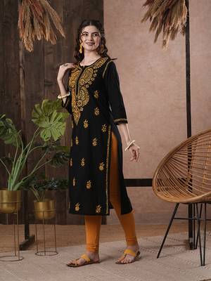 Hand Embroidered Black Cotton Lucknow Chikankari Women Kurta 8