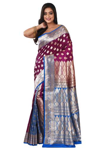 Aishani Collection Woven Minakari Katan Silk Banarasi Wedding Saree with bp (Majenta, Blue)