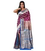Aishani Collection Woven Minakari Katan Silk Banarasi Wedding Saree with bp (Majenta, Blue)