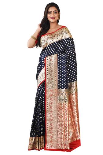 Aishani Collection Woven Katan Silk Jaal / Jungla Banarasi Saree with bp (Navy blue, Red)       )