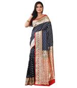 Aishani Collection Woven Katan Silk Jaal / Jungla Banarasi Saree with bp (Navy blue, Red)       )