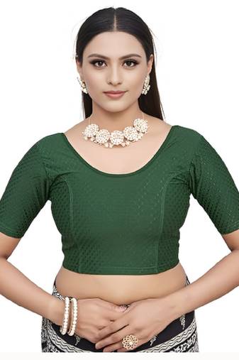 Bottel Green Cotton Lycra Fully Stretchable Round Neck Readymade Blouse With Half Sleeve