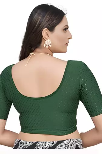 Bottel Green Cotton Lycra Fully Stretchable Round Neck Readymade Blouse With Half Sleeve