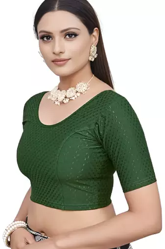 Bottel Green Cotton Lycra Fully Stretchable Round Neck Readymade Blouse With Half Sleeve