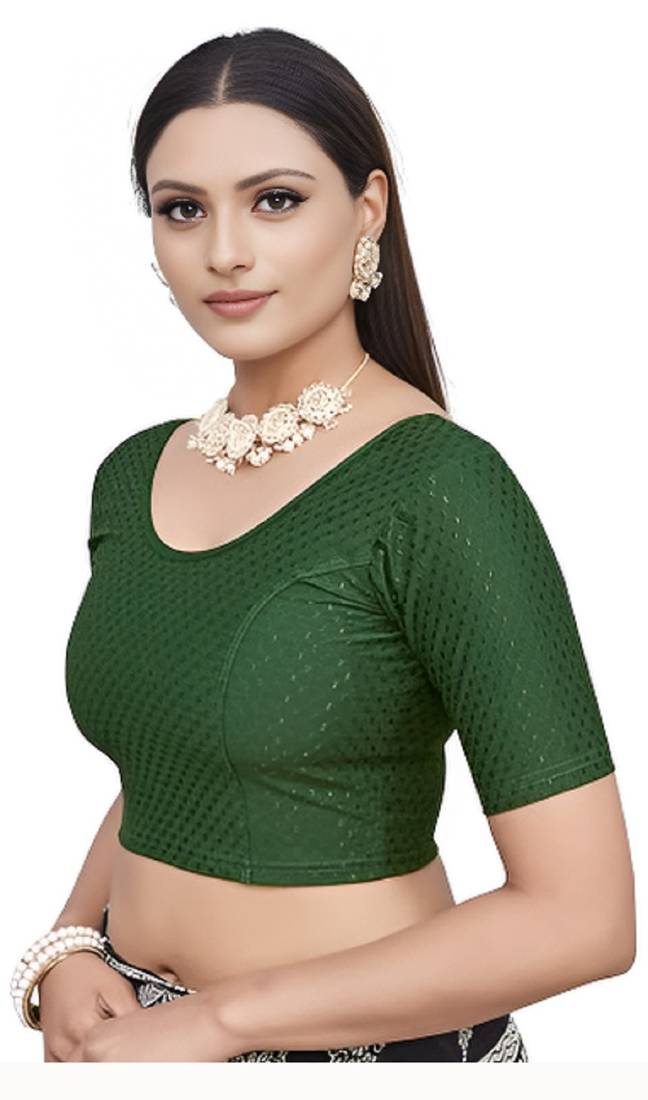 Bottel Green Cotton Lycra Fully Stretchable Round Neck Readymade Blouse With Half Sleeve
