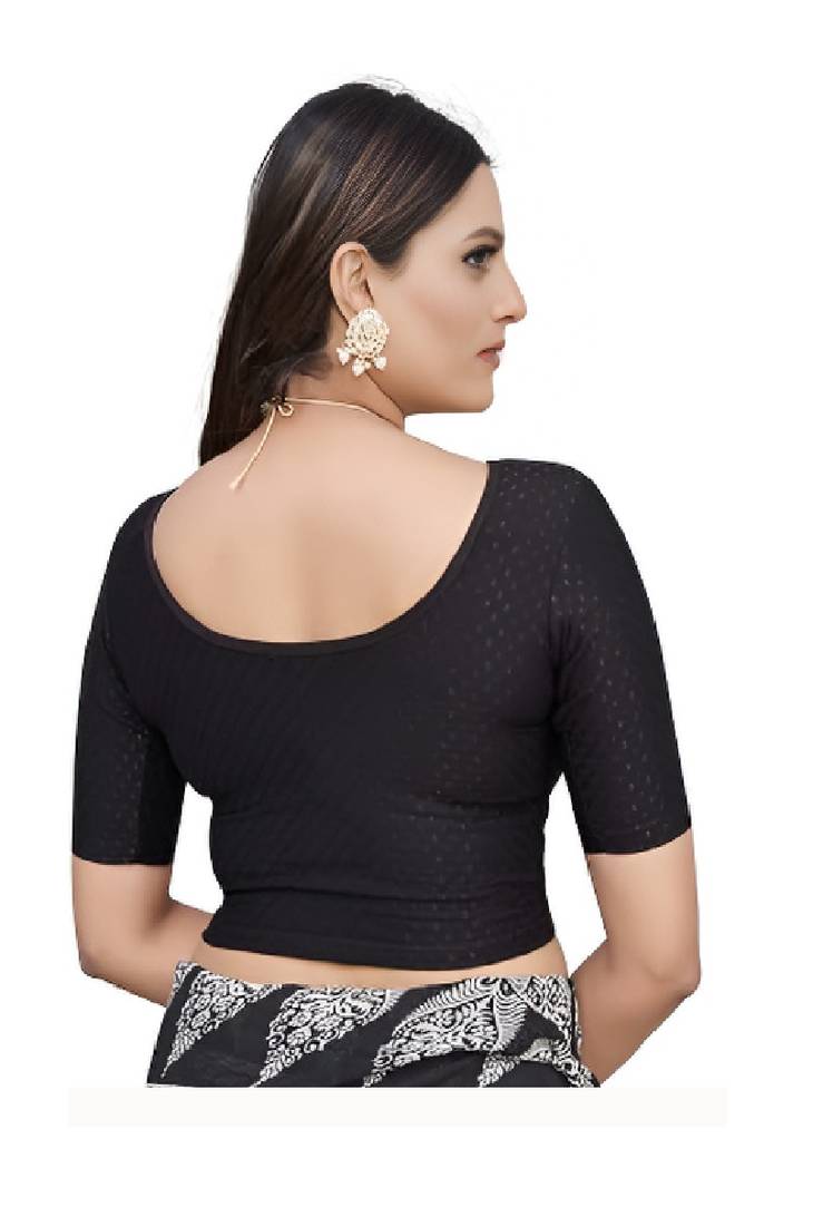 Black Cotton Lycra Fully Stretchable Round Neck Readymade Blouse With Half Sleeve