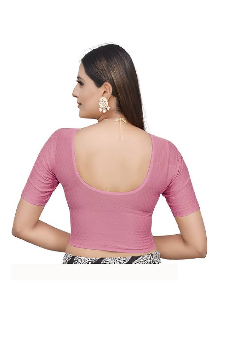 Baby Pink Cotton Lycra Fully Stretchable Round Neck Readymade Blouse With Half Sleeve