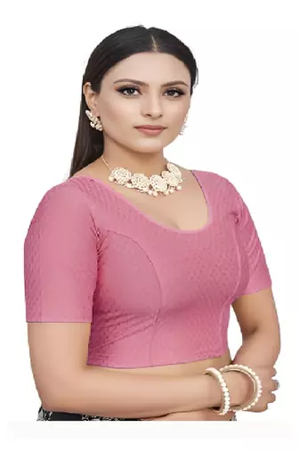 Baby Pink Cotton Lycra Fully Stretchable Round Neck Readymade Blouse With Half Sleeve
