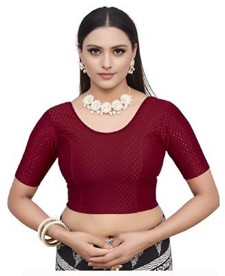 Maroon Cotton Lycra Fully Stretchable Round Neck Readymade Blouse With Half Sleeve 1