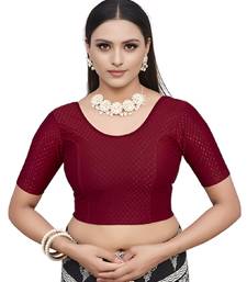Maroon Cotton Lycra Fully Stretchable Round Neck Readymade Blouse With Half Sleeve