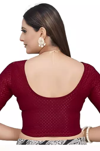 Maroon Cotton Lycra Fully Stretchable Round Neck Readymade Blouse With Half Sleeve