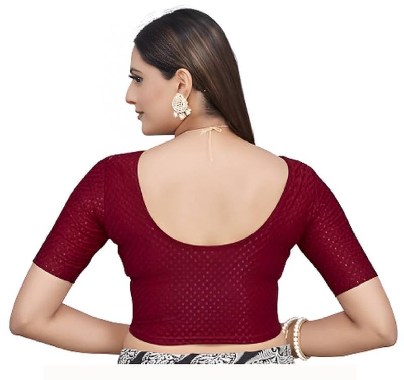 Maroon Cotton Lycra Fully Stretchable Round Neck Readymade Blouse With Half Sleeve