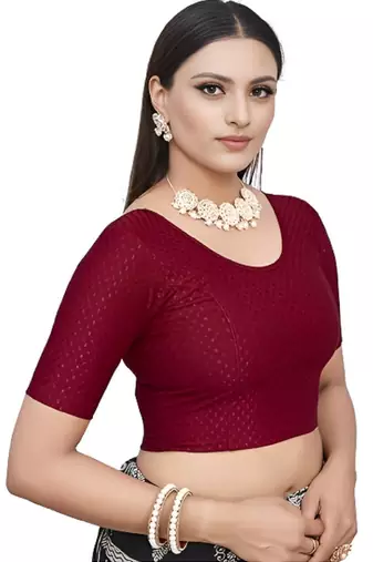 Maroon Cotton Lycra Fully Stretchable Round Neck Readymade Blouse With Half Sleeve