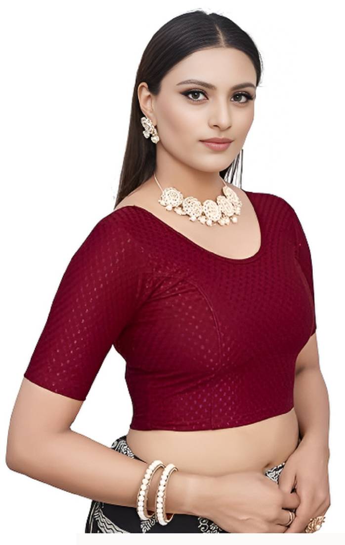 Maroon Cotton Lycra Fully Stretchable Round Neck Readymade Blouse With Half Sleeve