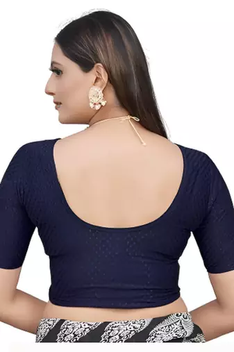 Navy Blue Cotton Lycra Fully Stretchable Round Neck Readymade Blouse With Half Sleeve