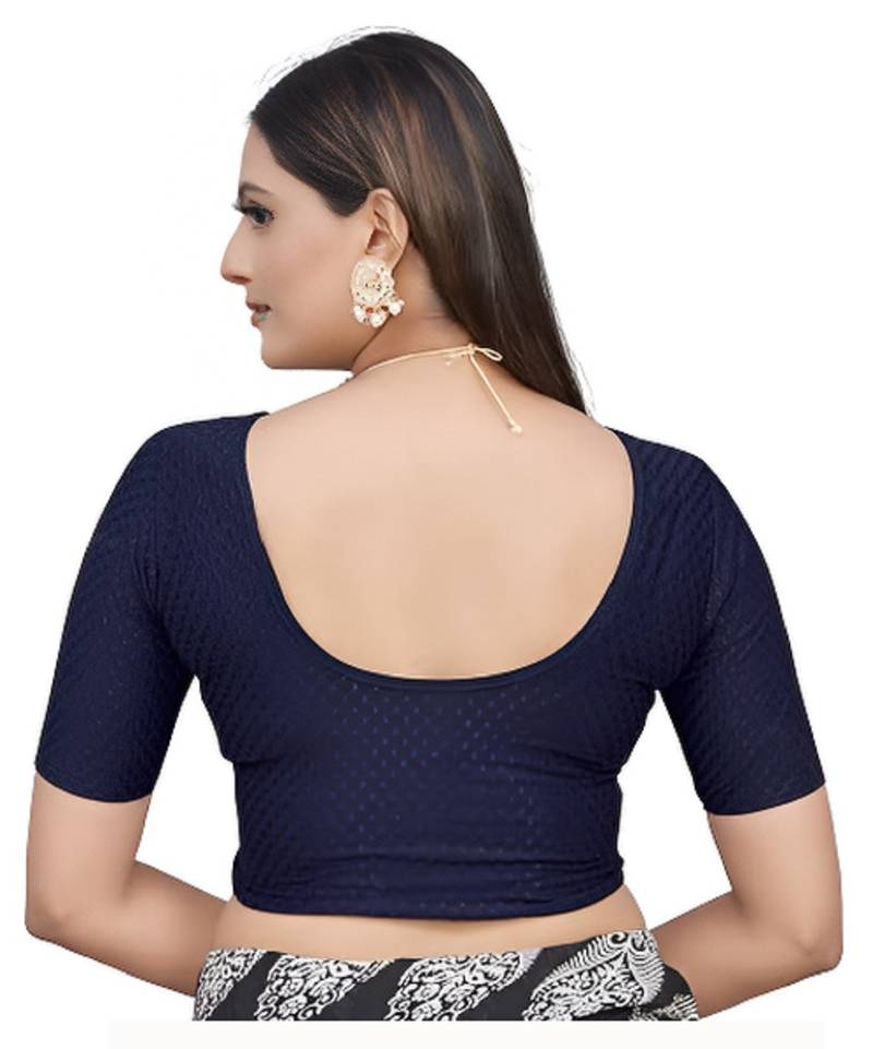 Navy Blue Cotton Lycra Fully Stretchable Round Neck Readymade Blouse With Half Sleeve
