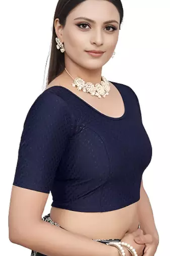 Navy Blue Cotton Lycra Fully Stretchable Round Neck Readymade Blouse With Half Sleeve