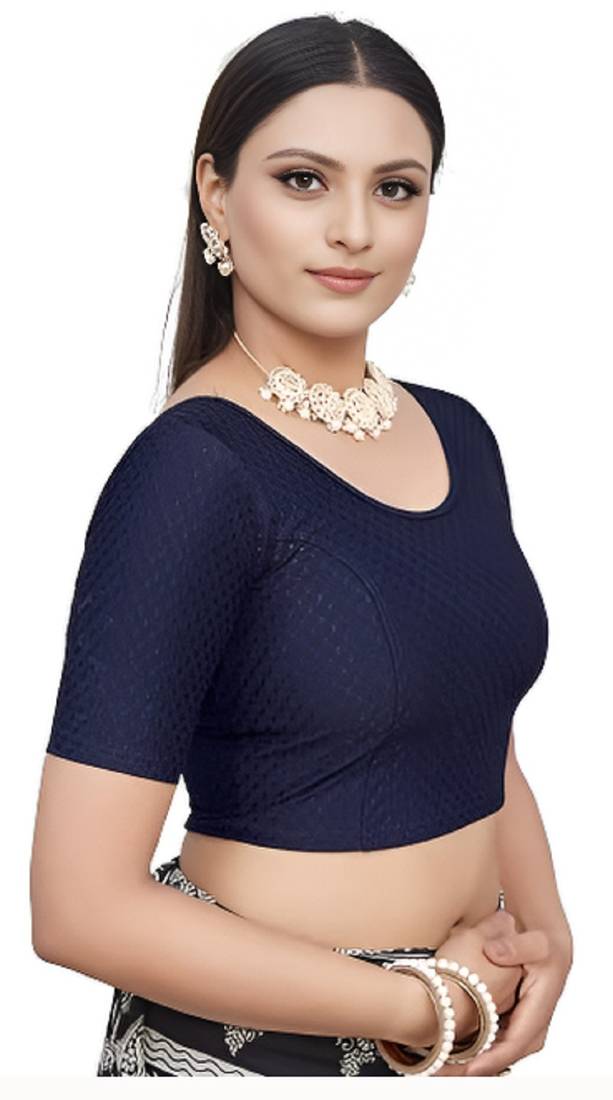 Navy Blue Cotton Lycra Fully Stretchable Round Neck Readymade Blouse With Half Sleeve