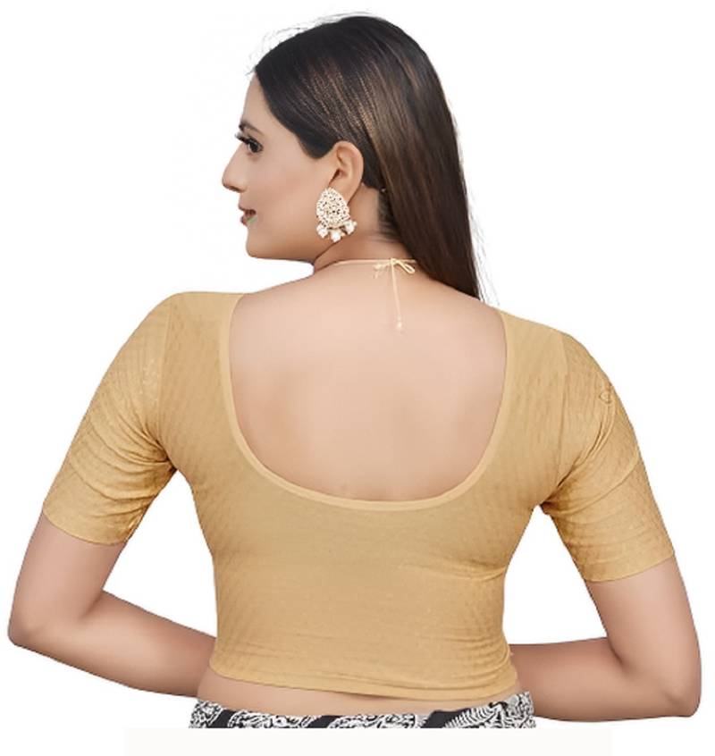 Cream Cotton Lycra Fully Stretchable Round Neck Readymade Blouse With Half Sleeve