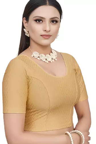 Cream Cotton Lycra Fully Stretchable Round Neck Readymade Blouse With Half Sleeve