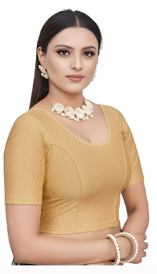 Cream Cotton Lycra Fully Stretchable Round Neck Readymade Blouse With Half Sleeve