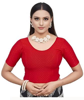 Red Cotton Lycra Fully Stretchable Round Neck Readymade Blouse With Half Sleeve 1