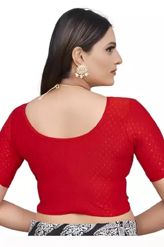Red Cotton Lycra Fully Stretchable Round Neck Readymade Blouse With Half Sleeve