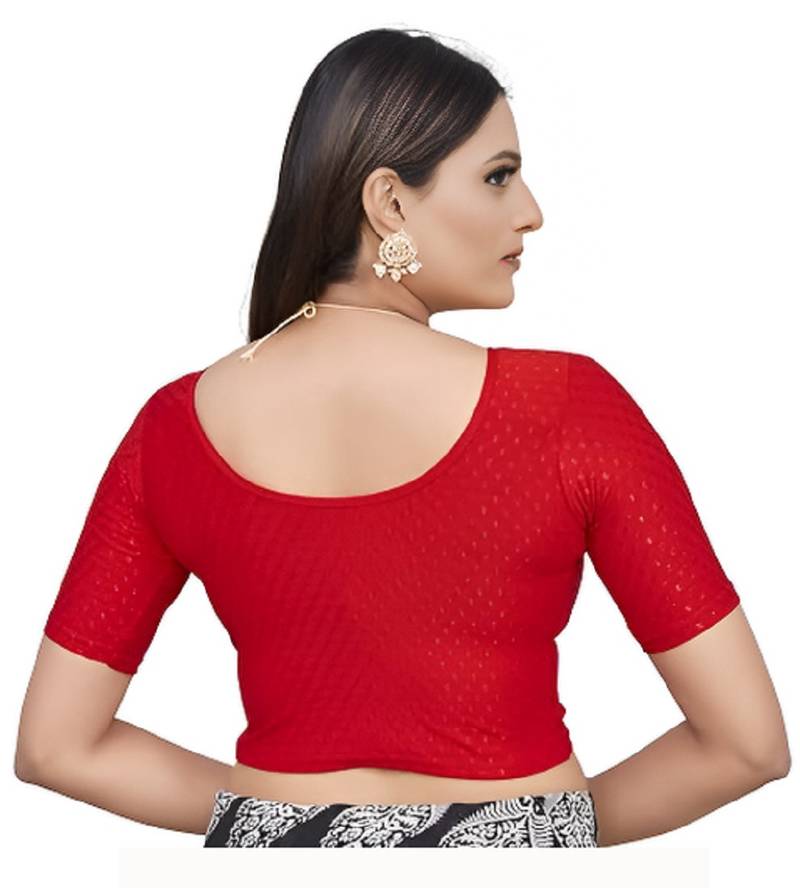 Red Cotton Lycra Fully Stretchable Round Neck Readymade Blouse With Half Sleeve
