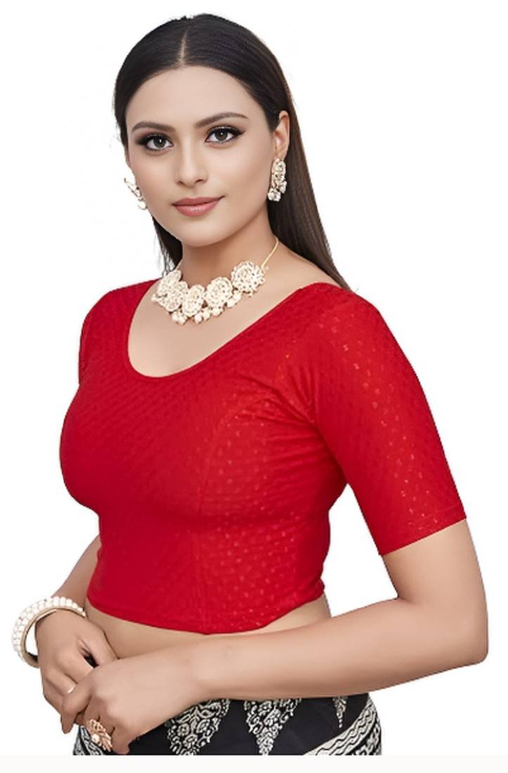 Red Cotton Lycra Fully Stretchable Round Neck Readymade Blouse With Half Sleeve