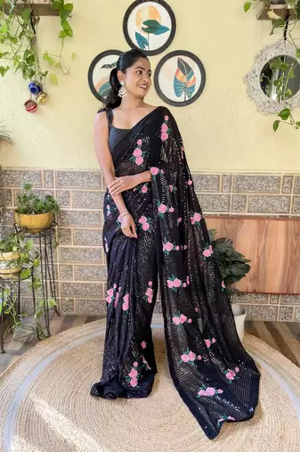Kimisha women's black georgette sequence saree with unstitched blouse piece
