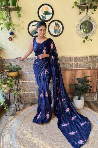 Kimisha women's navy blue georgette sequence saree with unstitched blouse piece